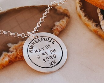 Personalized Postmark Charm Necklace - Birthdate, Time, City, State, Year - Gift for New Mommy