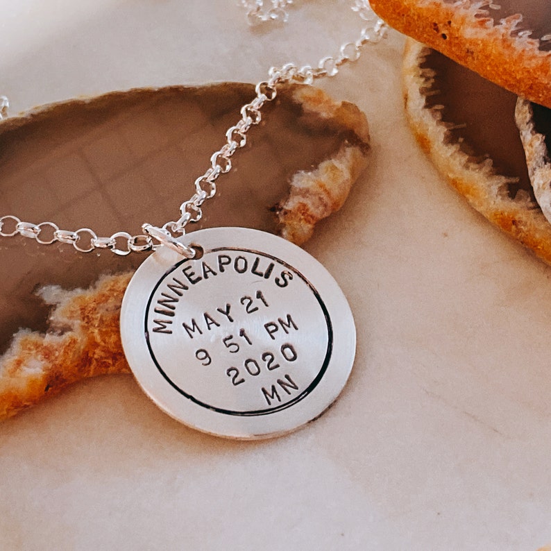 City Birthdate Year Gift for New Mommy Personalized Postmark Charm Necklace State Time