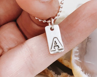 Initial Charm Necklace - Hand Crafted in Fine Sterling Silver - Tiny Sterling Initial Tag - Kiln Fired - Gift for Her