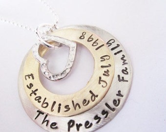 Hand Stamped Necklace - Washer Necklace - Mixed Metal Jewelry - Established Family Year and Name - Gift for Mom