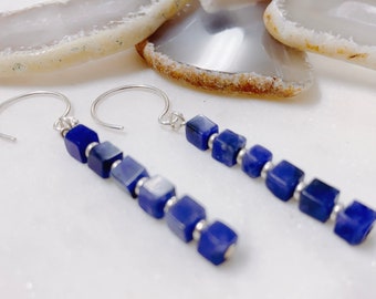 Navy Blue Cube Earrings - Square Cube Dangle Earrings - Sterling Silver and Sodalite Earrings