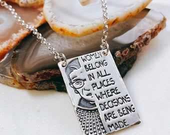 Ruth Bader Ginsburg Women's Rights Necklace - Equality - Hand Stamped RBG Pendant - Sterling Silver