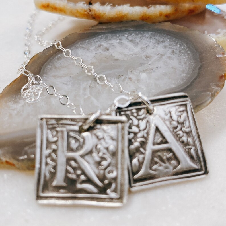 Wax Seal Charm Necklace Flourish Initial Charm Sterling Artisan Initial Necklace Square Monogram Charm Necklace 画像 4