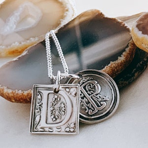Wax Seal Charm Necklace Flourish Initial Charm Sterling Artisan Initial Necklace Square Monogram Charm Necklace image 3
