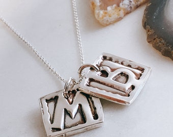 Initial Charm Necklace in Sterling Silver - Wax Seal Charm Necklace - Sterling Silver Square Wax Seal Initials - Jumble Necklace for Mom