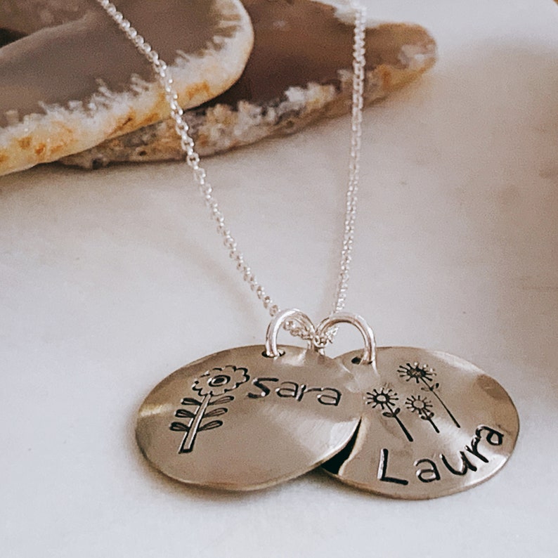 Personalized Name Necklace Hand Crafted Sterling Silver Daisy Flower Charm Necklace Mom of Two