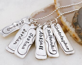 Hand Crafted Personalized Jumble Bar Tag Necklace for Mom - Hammered Tag Necklace for Mom - Kiln Fired Sterling Silver - Mommy Tag Charms