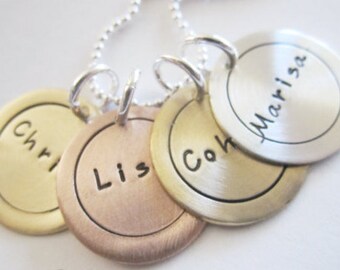 Personalized Necklace - Charm Necklace for Mom or Grandma - Mixed Metal Circle Charms - 4 Kids Names - Hand Stamped Necklace