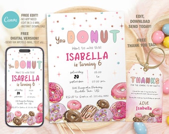 Editable Donut Birthday Invitation Template, Printable Birthday Party Invitations, Digital Bday Party Invite Template, Invite Bday Card