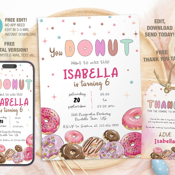 Editable Donut Birthday Invitation Template, Printable Birthday Party Invitations, Digital Bday Party Invite Template, Invite Bday Card