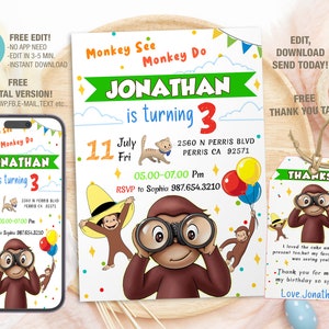 Modello modificabile di invito compleanno Curious George, inviti festa di compleanno stampabili, modello di invito festa di compleanno digitale, biglietto di compleanno