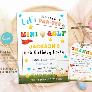 Modelo editável de convite de aniversário de mini golfe, convites de festa de aniversário imprimíveis, cartão digital de convite de aniversário