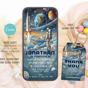Editable Mobile Outer Space Birthday Invitation Template, Printable Party Invitations, Digital Kids Planets Rocket Ship Astronaut Invite