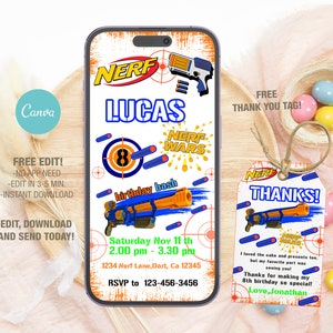 Editable Mobile Nerf Birthday Invitation Template, Birthday Party Invitations, Digital Kids Party Invite, Instant Download Evite Bday Card