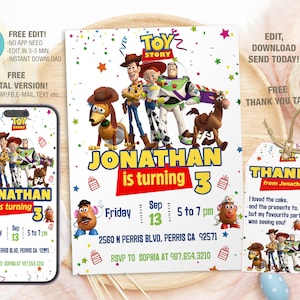 Modèle d'invitation d'anniversaire Toy Story modifiable pour enfants, invitations de fête d'anniversaire imprimables, modèle numérique d'invitation de fête d'enfants carte d'anniversaire