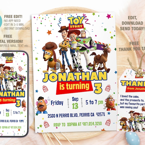 Plantilla de invitación de cumpleaños de Toy Story editable para niños, invitaciones de fiesta de cumpleaños imprimibles, tarjeta de cumpleaños de plantilla de invitación de fiesta digital para niños