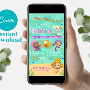 May include: A digital invitation for a 4th birthday party featuring a cartoon character from the show Bubble Guppies. The invitation is blue and green with a yellow fish and a dog. The text on the invitation reads "What Time is it? It's Time To Party at Isabella's 4th Birthday. Saturday May 11 2-5pm. RSVP to Sophia at 222.222.2222"