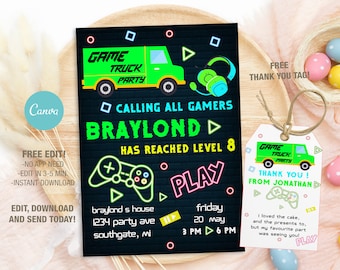 Game Truck Birthday Invitation Template, Editable Kids Party Invite (Digital)