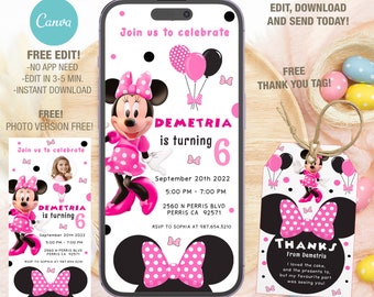 Plantilla editable de invitación de cumpleaños de Minnie, invitaciones de fiesta de cumpleaños imprimibles, plantilla de invitación a fiesta digital para niños, invitación para niños y niñas