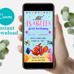 Bearbeitbares Mobile Findet Nemo Geburtstagseinladungsvorlage, Einladungen zur Geburtstagsfeier, Digitale Kinderparty einladen, Evite Geburtstagskarte