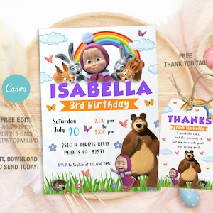 Modello modificabile di invito di compleanno di Masha e Orso, inviti per feste di compleanno stampabili, biglietto di invito per feste di compleanno digitali