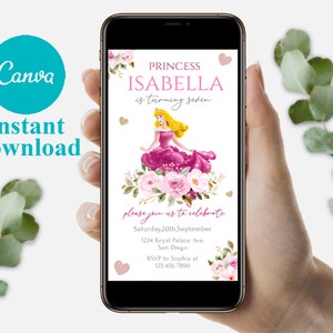 Plantilla editable de invitación de cumpleaños de la princesa Aurora, invitaciones de fiesta de cumpleaños imprimibles, tarjeta de cumpleaños de invitación a fiesta de cumpleaños digital