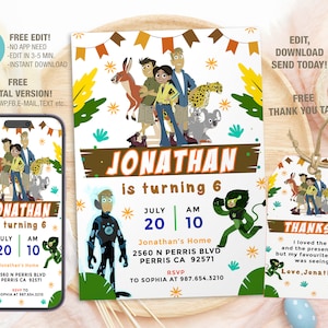 Bewerkbare sjabloon voor wilde Kratts-verjaardagsuitnodiging, afdrukbare verjaardagsuitnodigingen, digitale verjaardagsfeestje uitnodiging verjaardagskaart