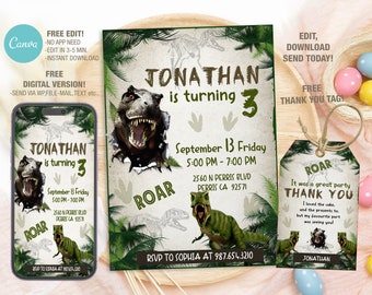 Dinosaur Birthday Invitation Template, Three Rex Party (Digital)