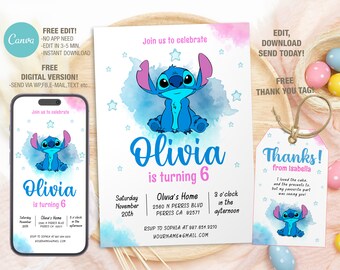 Plantilla de invitación de cumpleaños de Stitch editable, invitaciones de fiesta de cumpleaños imprimibles, plantilla de invitación a fiesta digital para niños, invitación para niños y niñas