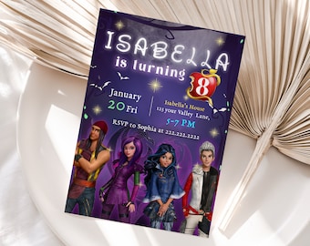 May include: Purple invitation with a sparkly background featuring characters from the Disney movie Descendants. The invitation reads "Isabella is turning 8" with a red apple with a bite taken out of it and the number 8 inside. The invitation also includes the date, time, and location of the party.
