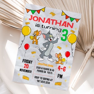 Modello modificabile di invito di compleanno di Tom e Jerry, inviti stampabili per feste di compleanno di Tom e Jerry, biglietto di auguri di compleanno per bambini digitali