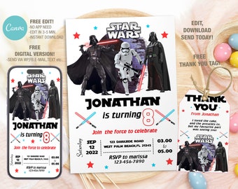 Editable Star Wars Birthday Invitation, Digital Evite Template (Canva)