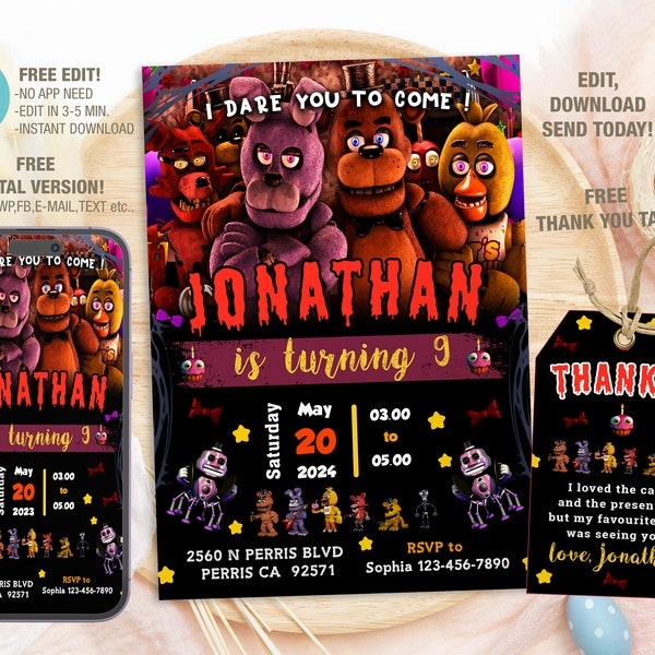 Editable Five Nights At Freddys Birthday Invitation Template, Printable Birthday Party Invitations, Digital Kids Party Invite, Bday Card