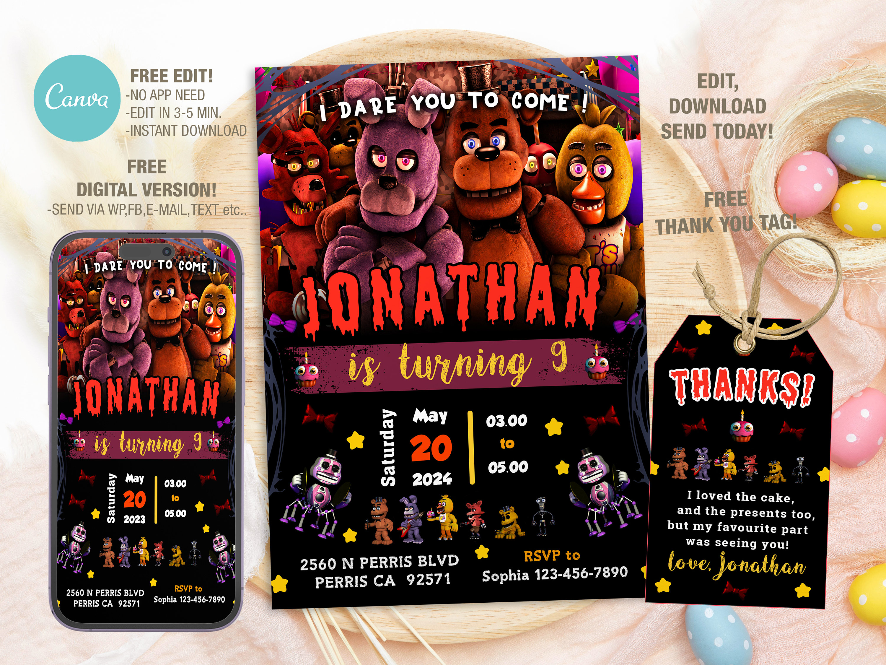 Editable Five Nights at Freddys Birthday Invitation Template, Printable Editable Five Nights at Freddys Birthday Invitation Template, Printable