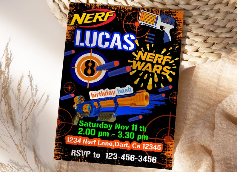 Kids Editable Nerf Birthday Invitation Template, Printable Birthday Nerf Party Invitations, Digital Kids Party Invite Template image 4