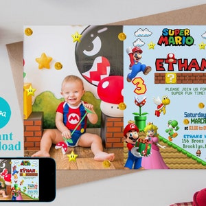 Bearbeitbares Foto Super Mario Geburtstagseinladungsvorlage, druckbare Einladungen zur Geburtstagsfeier, digitale Kinderfeier einladen, Jungen- und Mädchenkarte