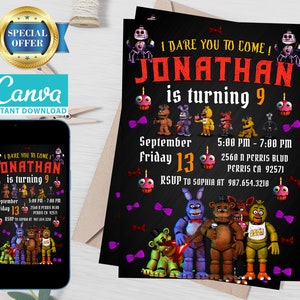 Editable Five Nights At Freddys Birthday Invitation Template, Printable Birthday Party Invitations, Digital Kids Party Invite, Bday Card