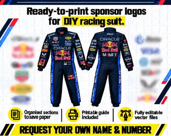 Puede incluir: Un gráfico digital que muestra logotipos de patrocinadores 2026 RED BULLRACING listos para imprimir para un traje de carreras DIY. La imagen muestra el frente y la espalda de un traje de carreras azul oscuro con varios logotipos, incluidos Oracle y Red Bull.