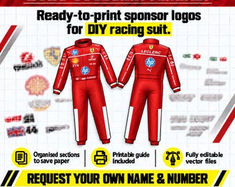 Peut inclure: Un graphique numérique présentant des logos de sponsors pour une combinaison de course Scuderia Ferrari 2026 à imprimer soi-même. L'image montre une combinaison rouge avec des accents blancs, divers logos de sponsors et le texte 2026 SCUDERIA FERRARI, Ready-to-print sponsor logos for DIY racing suit, ainsi que les formats AI, PDF, SVG et PNG.