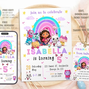 Editable Gabbys Dollhouse Birthday Invitation Template, Printable Birthday Party Invitations, Digital Bday Party Invite, Invite Bday Card image 1