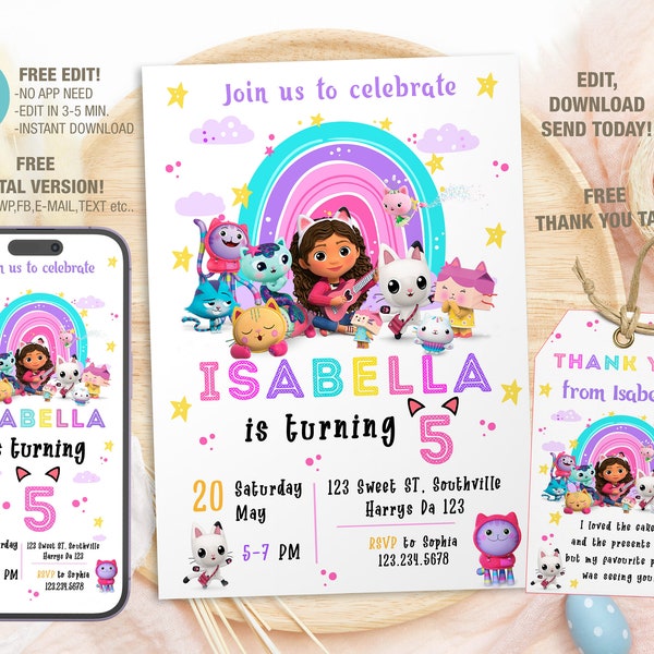Editable Gabbys Dollhouse Birthday Invitation Template, Printable Birthday Party Invitations, Digital Bday Party Invite, Invite Bday Card
