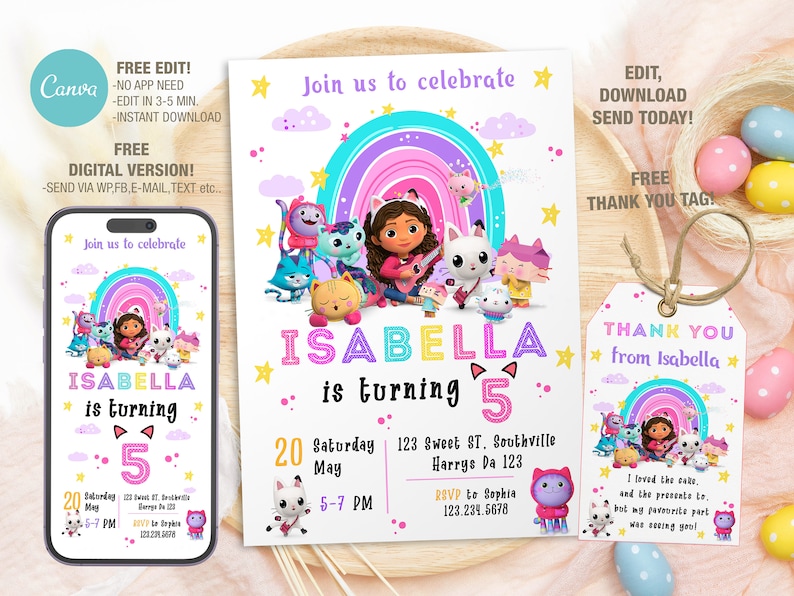 Editable Gabbys Dollhouse Birthday Invitation Template, Printable Birthday Party Invitations, Digital Bday Party Invite, Invite Bday Card image 1