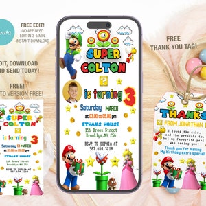 Modelo de convite de aniversário de Super Mario móvel com foto editável, convites de festa de aniversário, convite digital para festa infantil, cartão Evite Bday