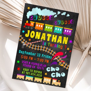 Plantilla editable de invitación de cumpleaños de tren, invitaciones de fiesta de cumpleaños imprimibles, invitación a fiesta digital para niños, tarjeta Evite Bday para niños y niñas
