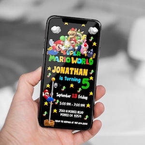 Modelo editável de convite de aniversário do Super Mario para celular, convites para festas de aniversário, convite digital para festas infantis, download instantâneo Bday Evite