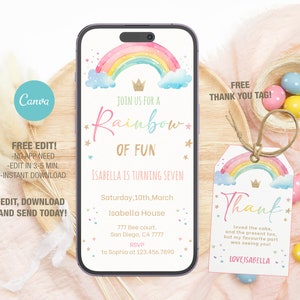 Modello modificabile per invito di compleanno arcobaleno acquerello mobile, inviti per feste di compleanno, invito per feste digitali per bambini, biglietto di compleanno Evite