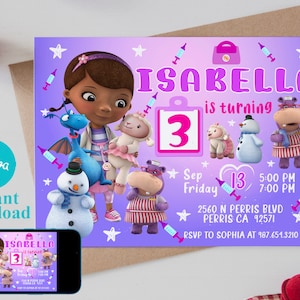 May include: A purple and pink Doc McStuffins birthday invitation with a picture of Doc McStuffins and her friends. The invitation says "Isabella is turning 3" and includes the date, time, and location of the party. RSVP to Sophia at 987.651.3210.