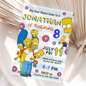 Modèle d'invitation d'anniversaire modifiable Les Simpsons, invitations de fête d'anniversaire imprimables, modèle d'invitation de fête d'anniversaire numérique, carte d'anniversaire d'invitation