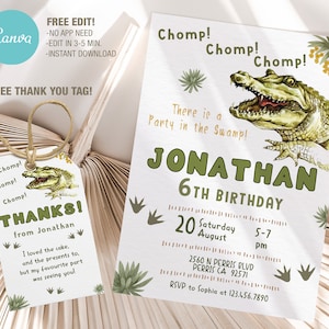 Modelo editável de convite de aniversário de crocodilo, convites de festa de aniversário para impressão, cartão de aniversário digital de jacaré