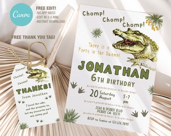 May include: A green and white alligator birthday party invitation with the text "Chomp! Chomp! Chomp! There is a party in the swamp! Jonathan 6th Birthday 20 Saturday August 5-7 pm 2560 N Perris Blvd Perris CA 92571 RSVP to Sophia at 123.456.7890". The invitation also includes a green alligator illustration and green footprints.